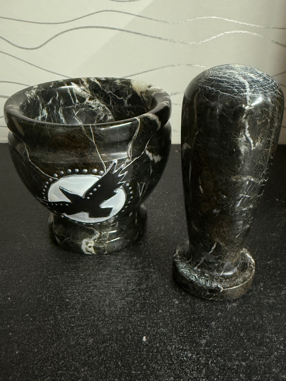 Black Marble Mortar and Pestle with crow Inlay